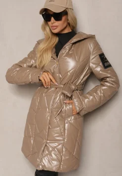 Beżowa Pikowana Kurtka z Kapturem i Wiązanym Paskiem Beliola