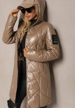 Beżowa Pikowana Kurtka z Kapturem i Wiązanym Paskiem Beliola