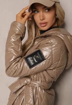 Beżowa Pikowana Kurtka z Kapturem i Wiązanym Paskiem Beliola