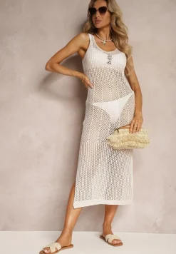 Beżowa Plażowa Sukienka Bodycon Narzutka z Ażurowym Zdobieniem i Rozcięciem na Dole Bevantia