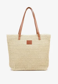 Beżowa Plażowa Torebka Shopperka z Plecionki Rivauri