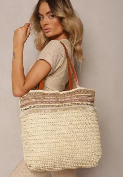 Beżowa Pleciona Duża Torebka Ozdobiona Frędzlami Rivarasia