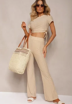 Beżowa Pleciona Duża Torebka Ozdobiona Frędzlami Rivarasia