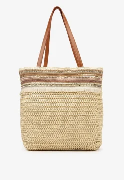 Beżowa Pleciona Duża Torebka Ozdobiona Frędzlami Rivarasia