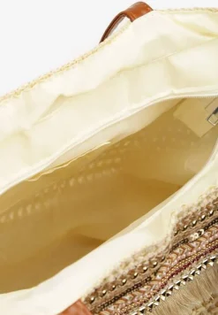 Beżowa Pleciona Duża Torebka Ozdobiona Frędzlami Rivarasia