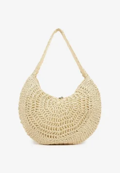 Beżowa Pleciona Torebka na Ramię o Półokrągłym Kształcie Genvia
