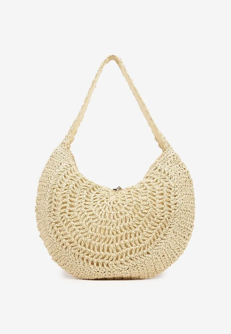 Beżowa Pleciona Torebka na Ramię o Półokrągłym Kształcie Genvia