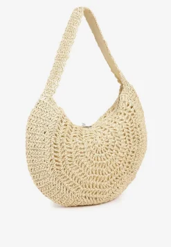 Beżowa Pleciona Torebka na Ramię o Półokrągłym Kształcie Genvia