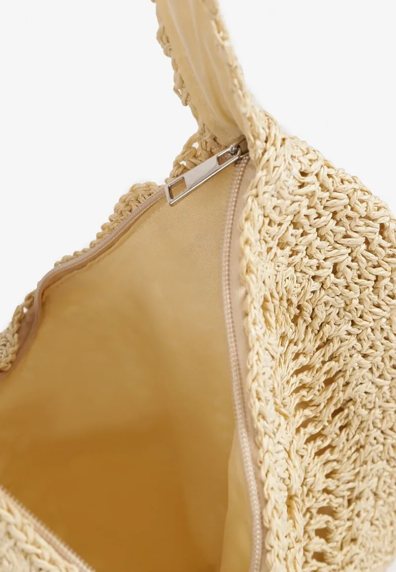 Beżowa Pleciona Torebka na Ramię o Półokrągłym Kształcie Genvia