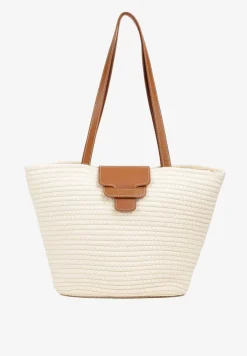 Beżowa Pleciona Torebka o Fasonie Koszyka z Rączkami Corallie