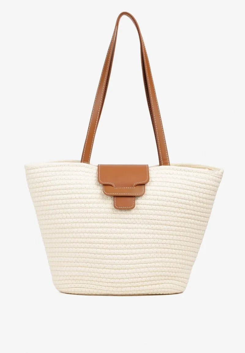 Beżowa Pleciona Torebka o Fasonie Koszyka z Rączkami Corallie