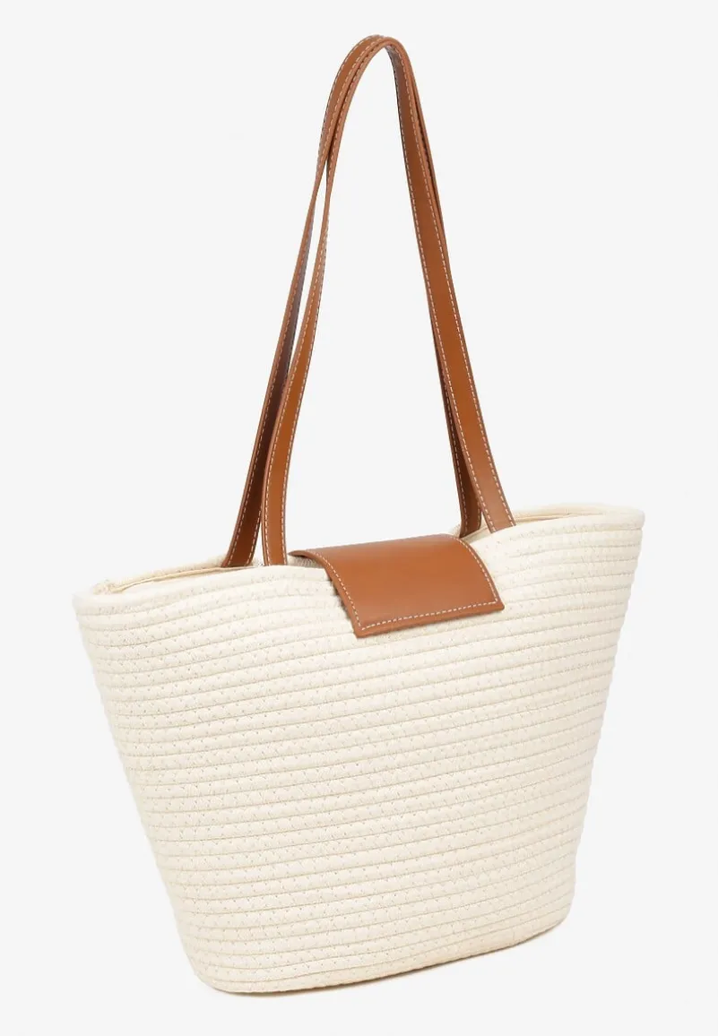 Beżowa Pleciona Torebka o Fasonie Koszyka z Rączkami Corallie