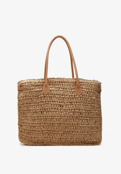 Beżowa Pleciona Torebka o Dużym Fasonie Tote w Stylu Boho Emerria