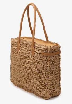 Beżowa Pleciona Torebka o Dużym Fasonie Tote w Stylu Boho Emerria