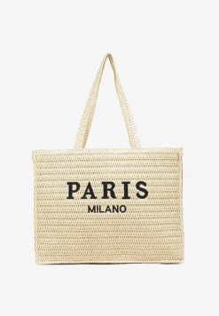 Beżowa Pleciona Torebka Typu Shopperka z Napisem Odalina