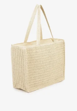 Beżowa Pleciona Torebka Typu Shopperka z Napisem Odalina