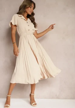 Beżowa Plisowana Rozkloszowana Sukienka z Paskiem Guzikami i Gumką w Talii Nelaika