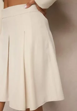 Beżowa Plisowana Spódnica High Waist o Rozkloszowanym Kroju Redilsa