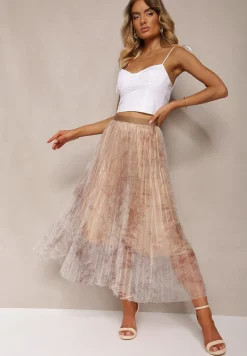 Beżowa Plisowana Spódnica Midi Ozdobiona Abstrakcyjnym Wzorem na Siateczce Estabia