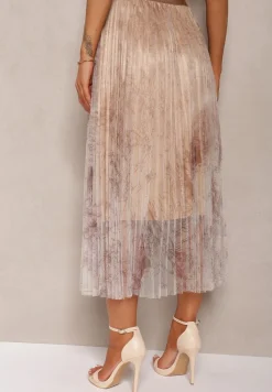 Beżowa Plisowana Spódnica Midi Ozdobiona Abstrakcyjnym Wzorem na Siateczce Estabia