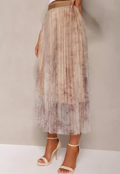 Beżowa Plisowana Spódnica Midi Ozdobiona Abstrakcyjnym Wzorem na Siateczce Estabia