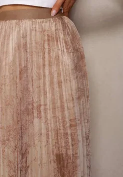 Beżowa Plisowana Spódnica Midi Ozdobiona Abstrakcyjnym Wzorem na Siateczce Estabia