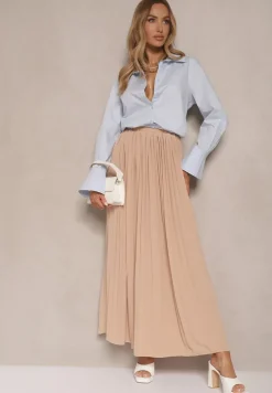 Beżowa Plisowana Spódnica o Rozkloszowanym Kroju z Gumką w Talii Ulindris