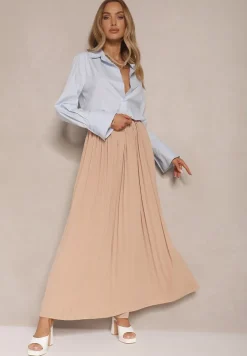 Beżowa Plisowana Spódnica o Rozkloszowanym Kroju z Gumką w Talii Ulindris