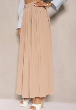 Beżowa Plisowana Spódnica o Rozkloszowanym Kroju z Gumką w Talii Ulindris