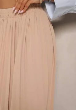 Beżowa Plisowana Spódnica o Rozkloszowanym Kroju z Gumką w Talii Ulindris