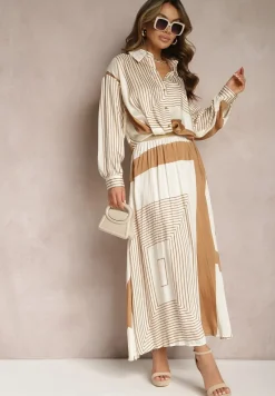 Beżowa Plisowana Spódnica z Gumką w Pasie Ozdobiona Geometrycznym Wzorem Jenessia