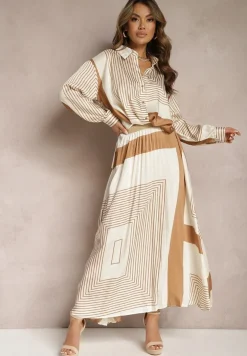 Beżowa Plisowana Spódnica z Gumką w Pasie Ozdobiona Geometrycznym Wzorem Jenessia