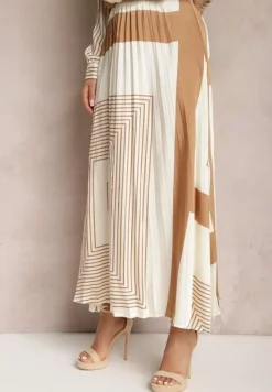 Beżowa Plisowana Spódnica z Gumką w Pasie Ozdobiona Geometrycznym Wzorem Jenessia