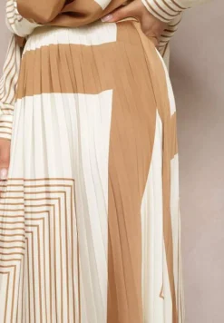 Beżowa Plisowana Spódnica z Gumką w Pasie Ozdobiona Geometrycznym Wzorem Jenessia