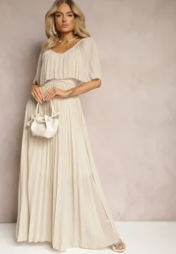 Beżowa Plisowana Sukienka z Gumką w Pasie z Falbaną Przy Dekolcie Drenia