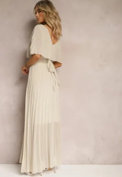 Beżowa Plisowana Sukienka z Gumką w Pasie z Falbaną Przy Dekolcie Drenia