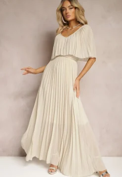 Beżowa Plisowana Sukienka z Gumką w Pasie z Falbaną Przy Dekolcie Drenia