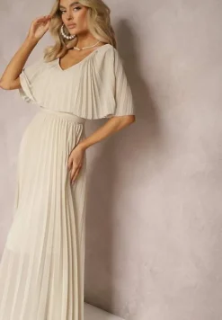 Beżowa Plisowana Sukienka z Gumką w Pasie z Falbaną Przy Dekolcie Drenia