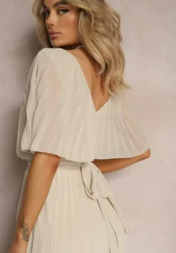 Beżowa Plisowana Sukienka z Gumką w Pasie z Falbaną Przy Dekolcie Drenia