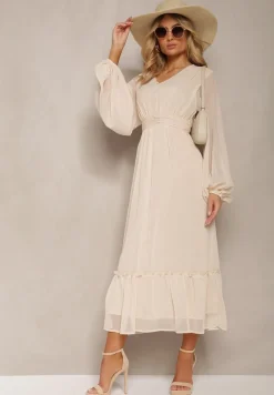 Beżowa Plisowana Sukienka Koktajlowa Ozdobiona Guzikami i Falbankami Osumia