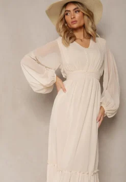 Beżowa Plisowana Sukienka Koktajlowa Ozdobiona Guzikami i Falbankami Osumia