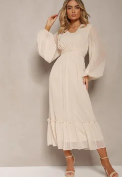 Beżowa Plisowana Sukienka Koktajlowa Ozdobiona Guzikami i Falbankami Osumia