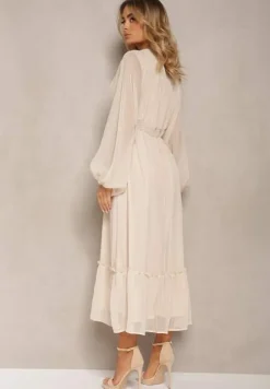 Beżowa Plisowana Sukienka Koktajlowa Ozdobiona Guzikami i Falbankami Osumia