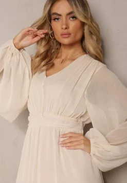 Beżowa Plisowana Sukienka Koktajlowa Ozdobiona Guzikami i Falbankami Osumia