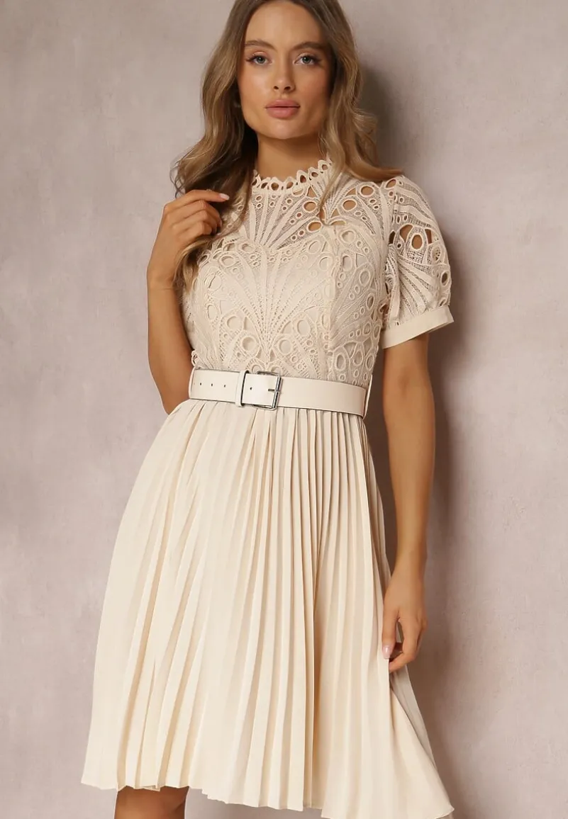 Beżowa Plisowana Sukienka z Paskiem i Koronką Stelly