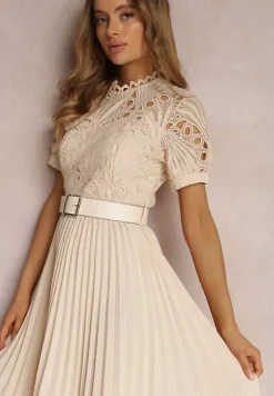 Beżowa Plisowana Sukienka z Paskiem i Koronką Stelly