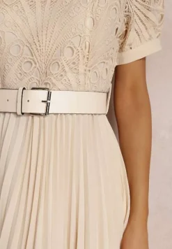 Beżowa Plisowana Sukienka z Paskiem i Koronką Stelly