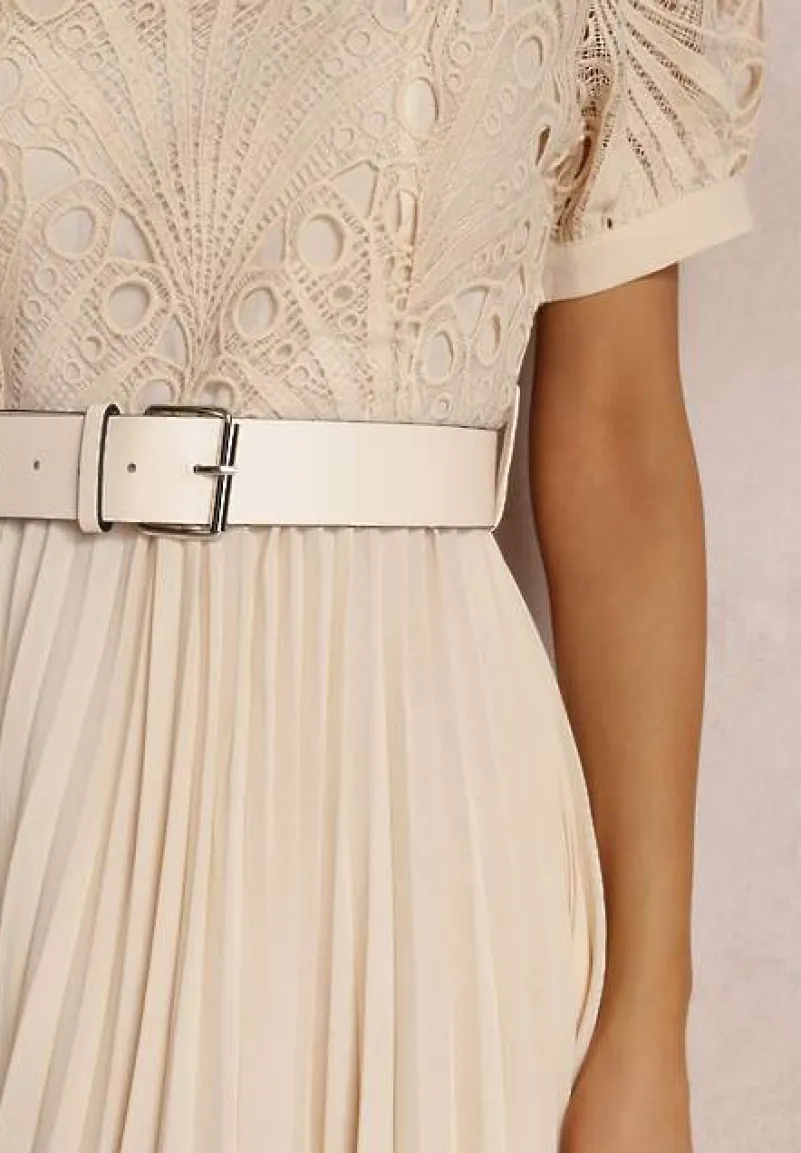 Beżowa Plisowana Sukienka z Paskiem i Koronką Stelly