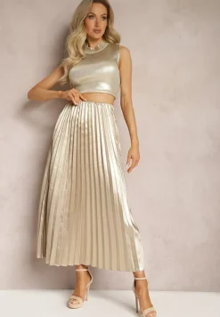 Beżowa Połyskująca Spódnica Plisowana Maxi Vilira