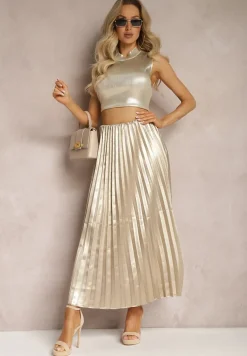 Beżowa Połyskująca Spódnica Plisowana Maxi Vilira